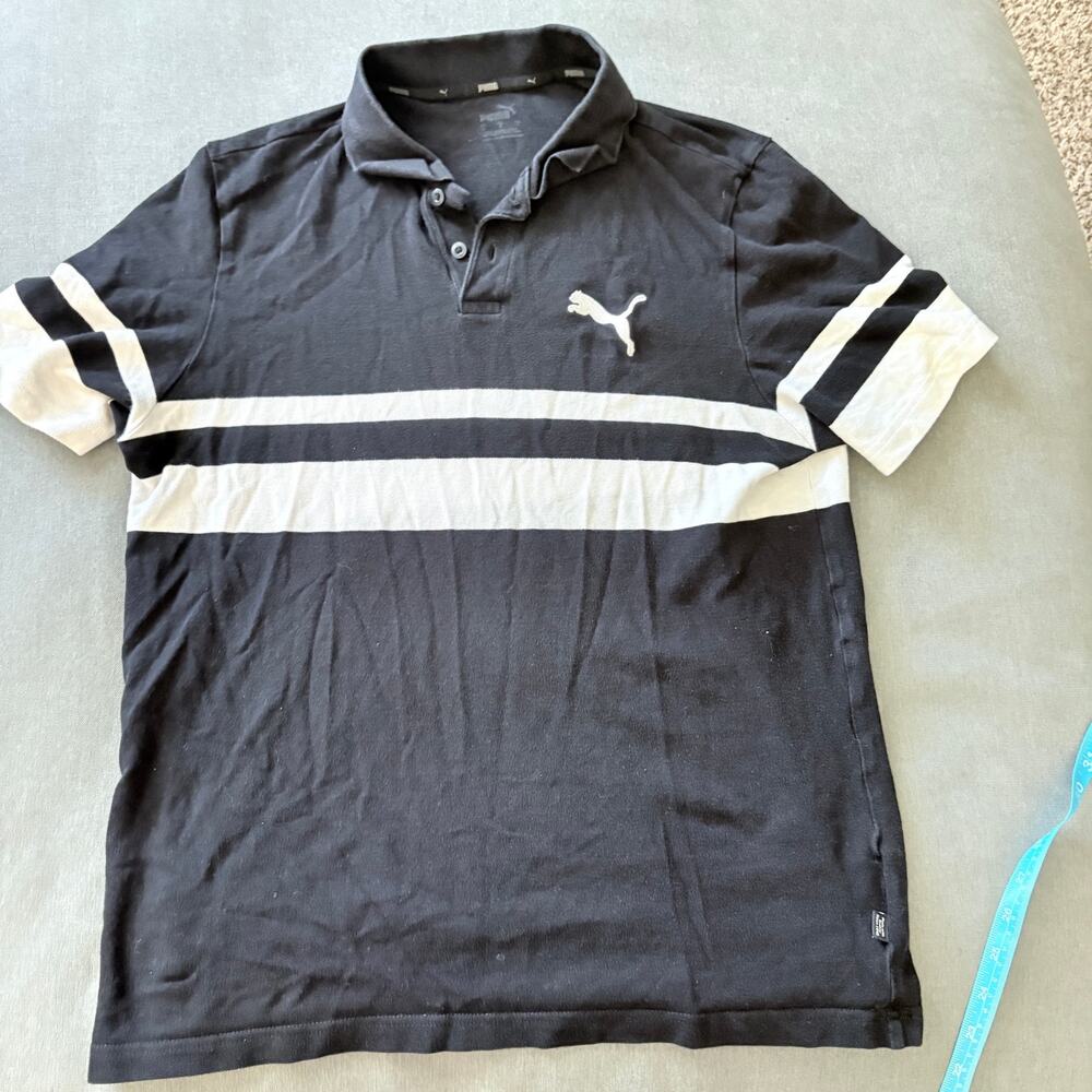 Puma Black White Stripe Polo Shirt Mens Large Logo Collared Gold Preppy